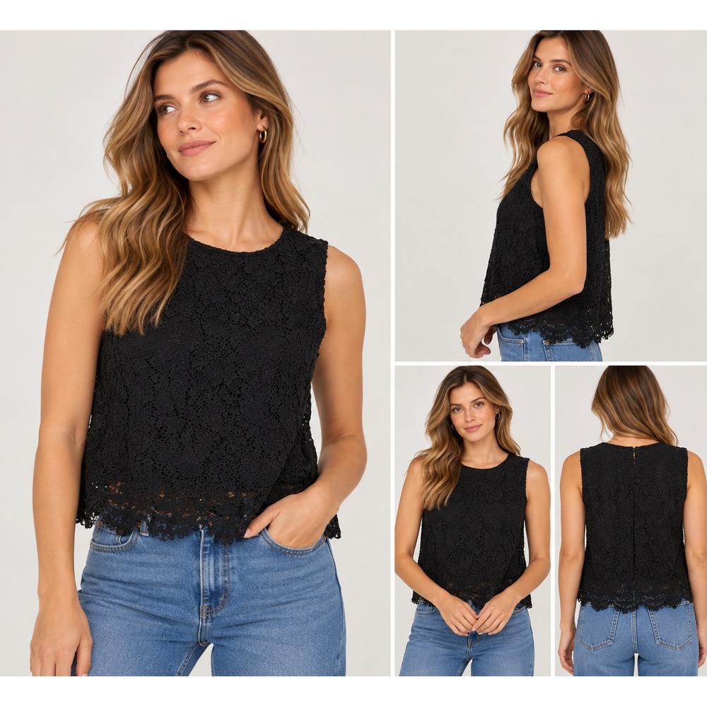 Gap Lace Crop Top Size M Black Sleeveless Scalloped Hem Floral Boho Chic Goth
